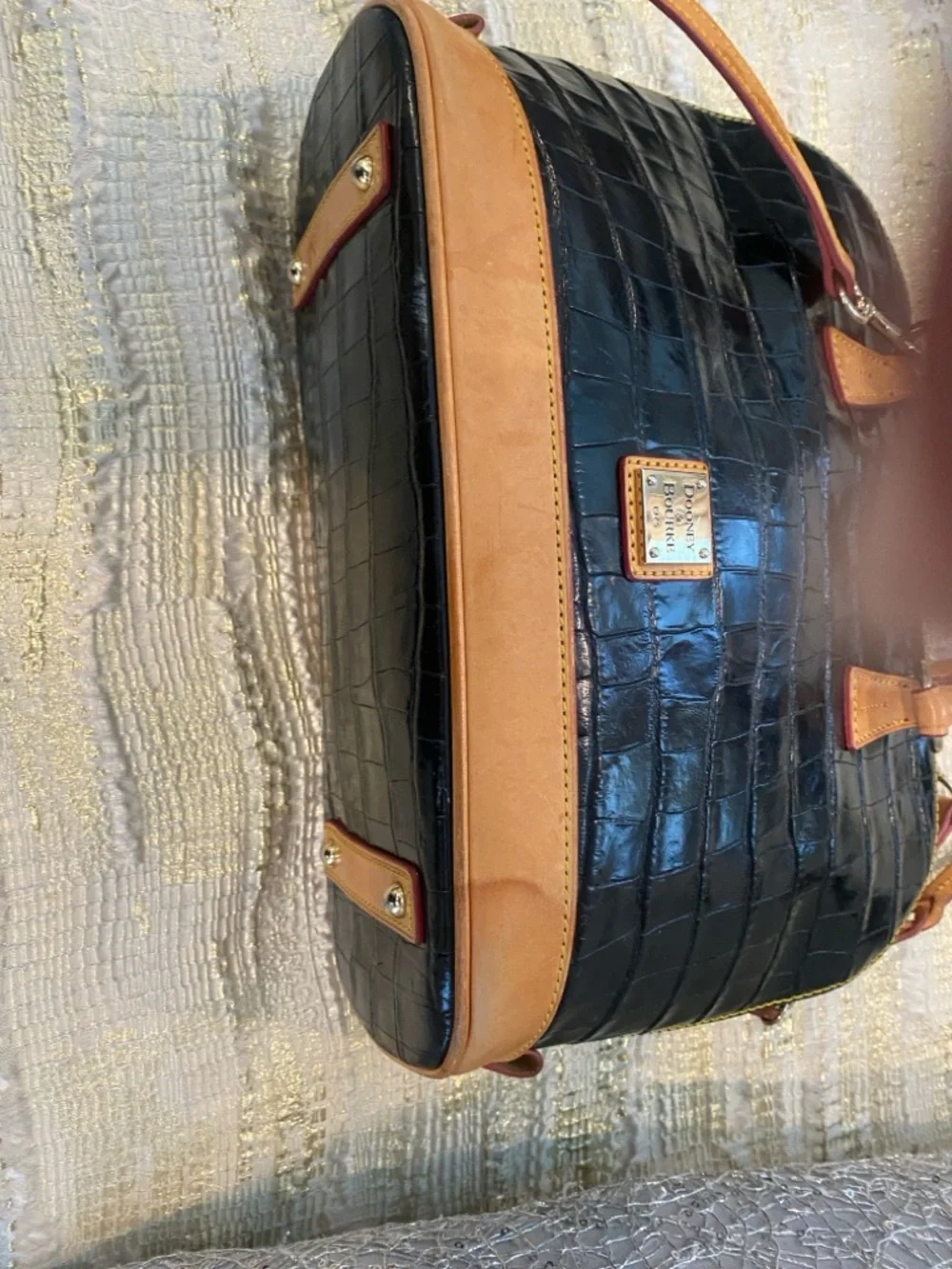 Dooney & Bourke Black Croc-Embossed Satchel with Tan Trim